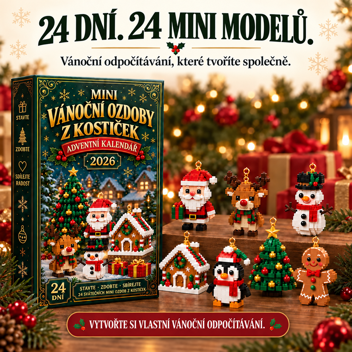 🎄 24denní vánoční adventní kalendář se stavebnicí – 24 jedinečných sestavitelných miniaturních ozdob na vánoční stromeček
