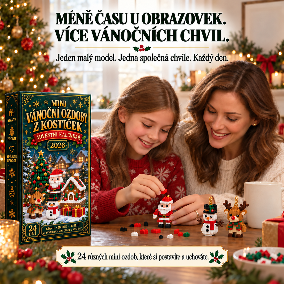 🎄 24denní vánoční adventní kalendář se stavebnicí – 24 jedinečných sestavitelných miniaturních ozdob na vánoční stromeček