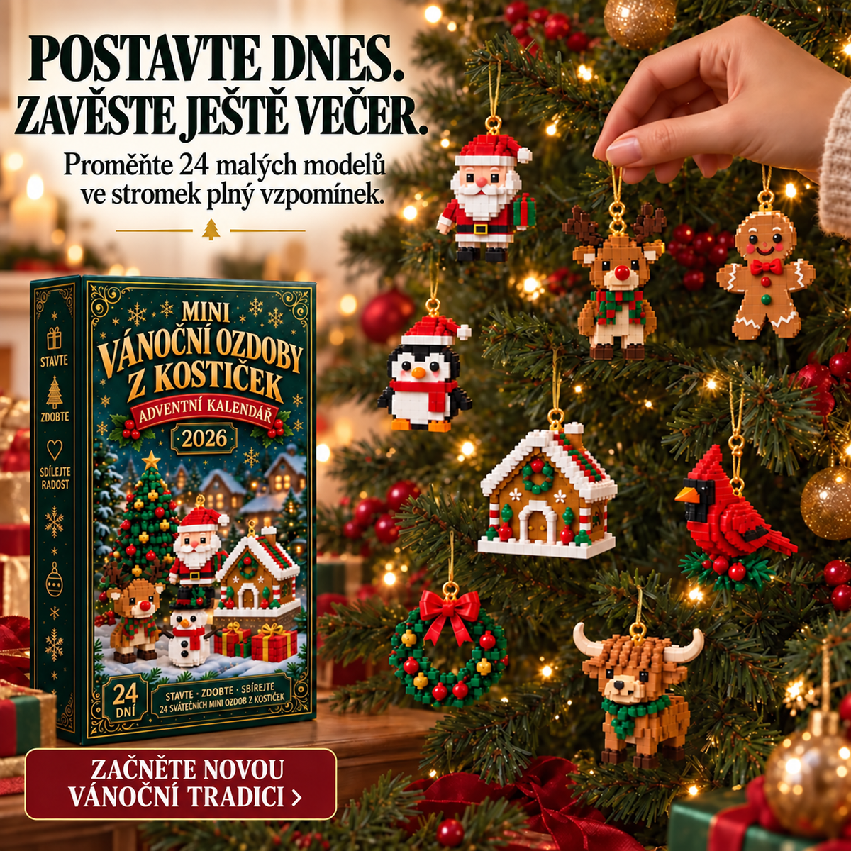 🎄 24denní vánoční adventní kalendář se stavebnicí – 24 jedinečných sestavitelných miniaturních ozdob na vánoční stromeček