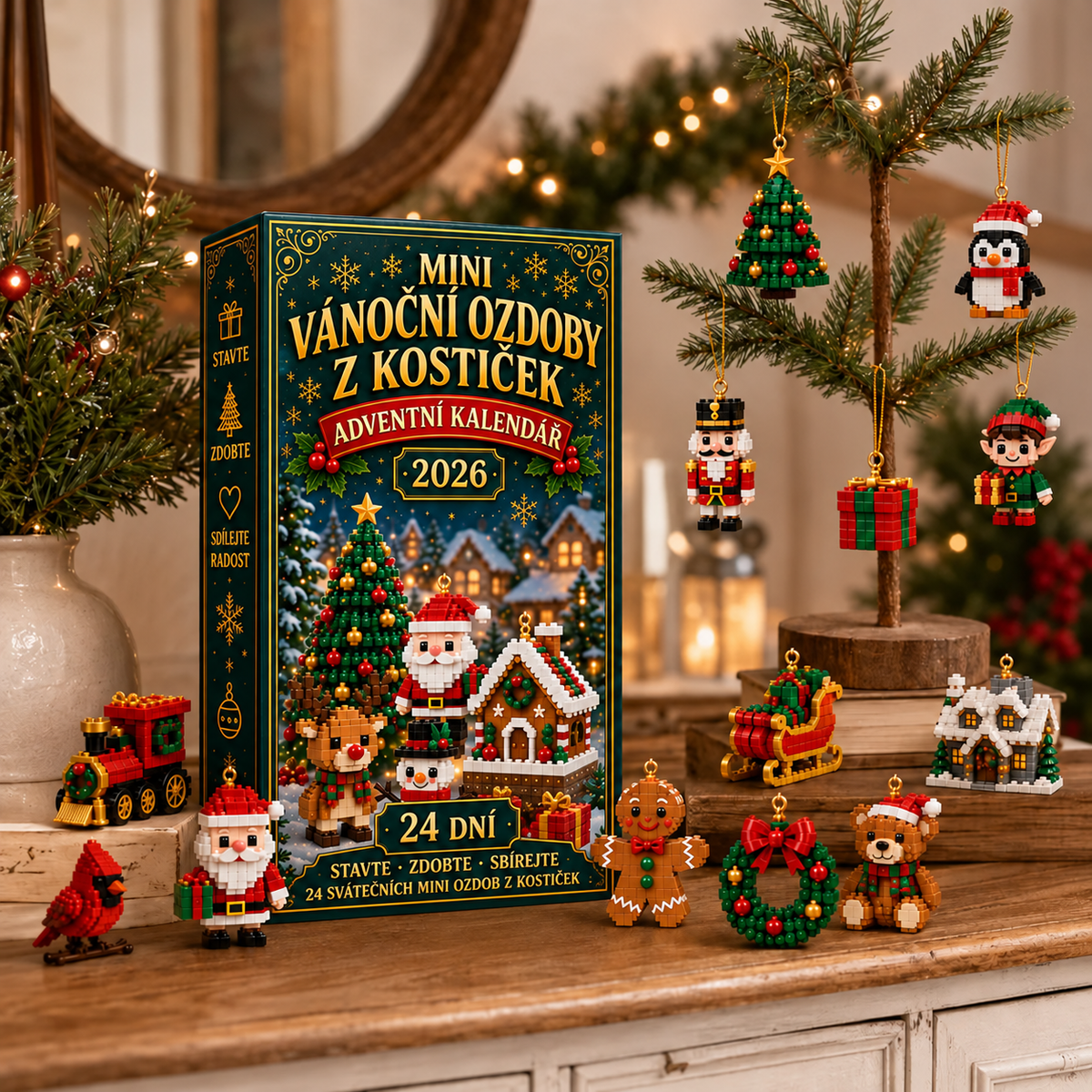 🎄 24denní vánoční adventní kalendář se stavebnicí – 24 jedinečných sestavitelných miniaturních ozdob na vánoční stromeček