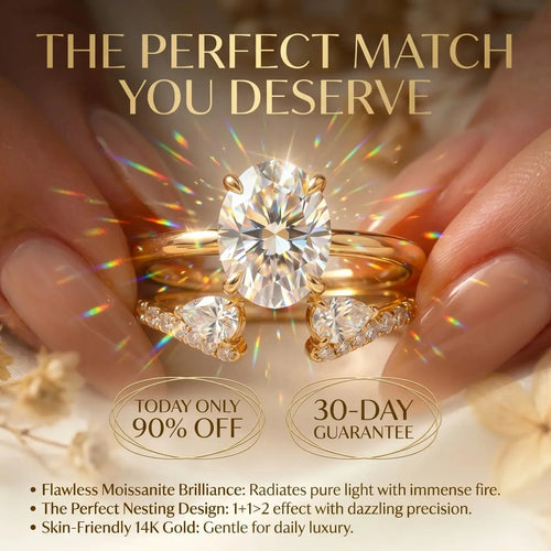 🔥 LAST DAY 90% OFF: Perfect Nesting Comfort-Fit Flawless Moissanite Oval & Pear Ring Set in 14K