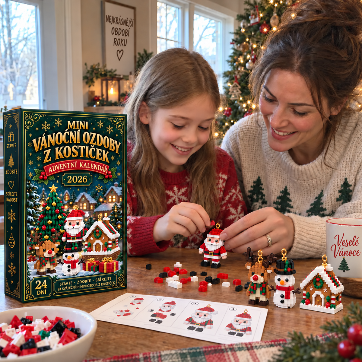 🎄 24denní vánoční adventní kalendář se stavebnicí – 24 jedinečných sestavitelných miniaturních ozdob na vánoční stromeček
