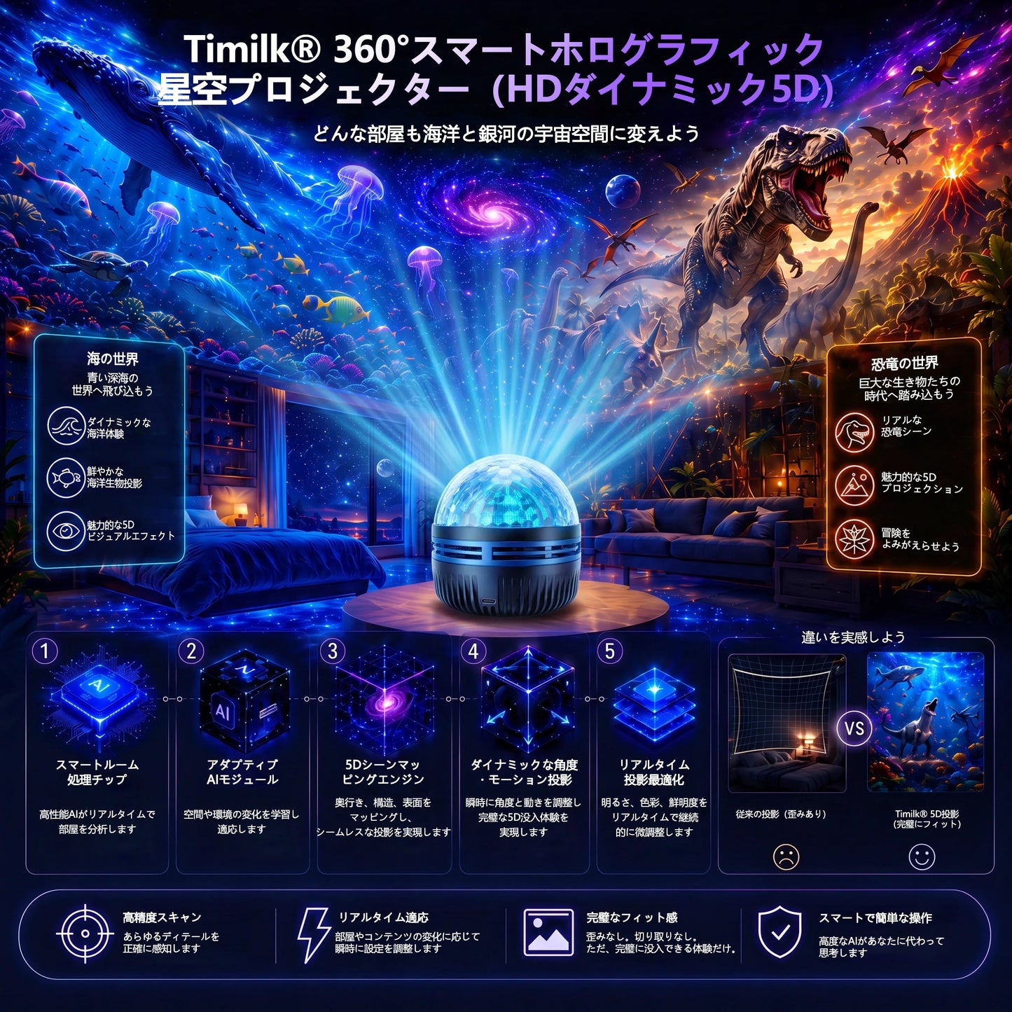🦖🎁 Timilk® 360°スマートホログラフィック星空プロジェクター（HDダイナミック5D）