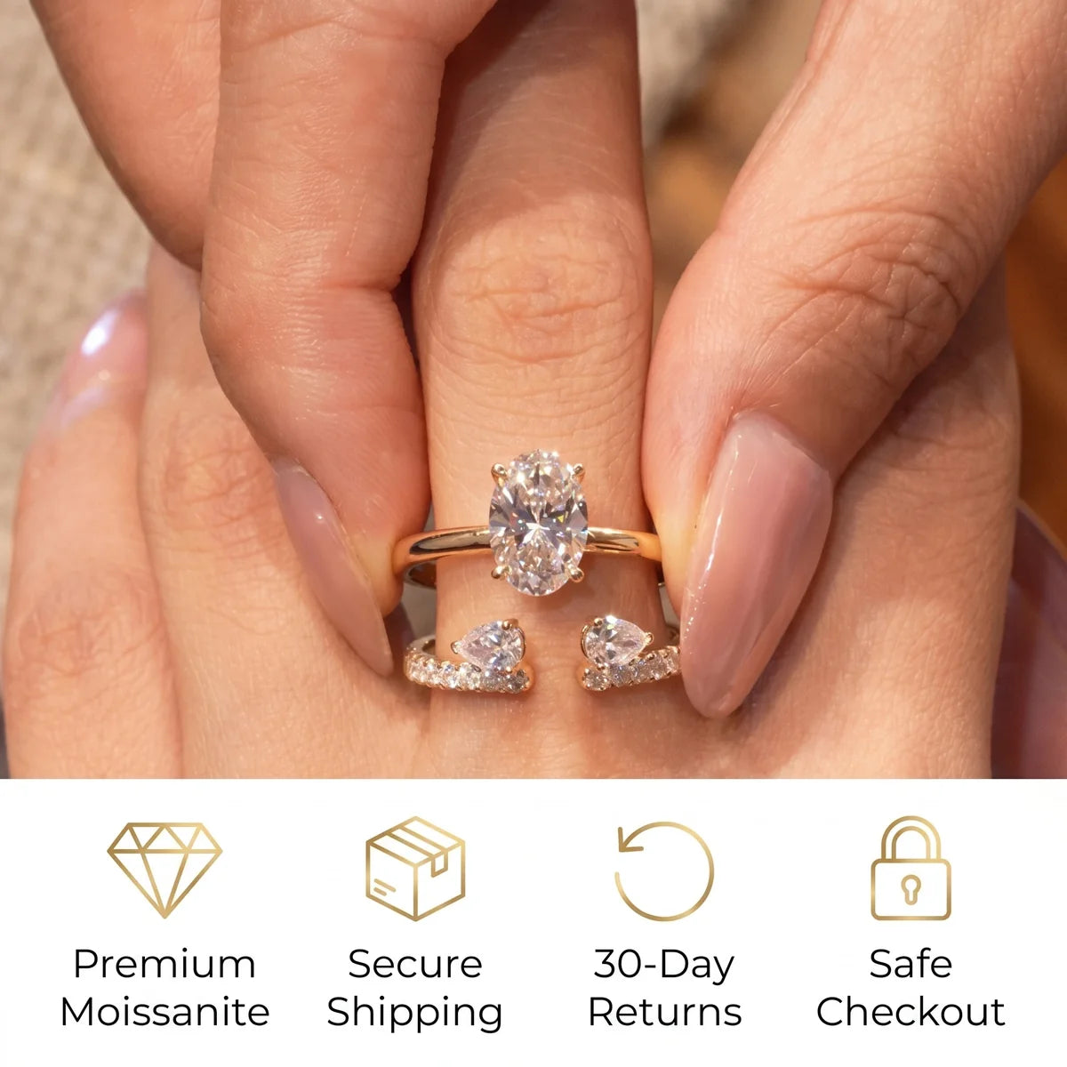 🔥 LAST DAY 90% OFF: Perfect Nesting Comfort-Fit Flawless Moissanite Oval & Pear Ring Set in 14K